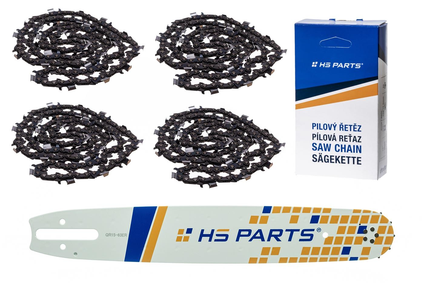 HS PARTS vodící lišta 15" (38 cm) 3/8" .063" (1,6 mm) + 4 x pilový řetěz 56 článků hranatý zub pro Stihl 036 038 044 066 MS290 MS310 MS390 MS440 MS441 MS460 MS640 MS650 MS660