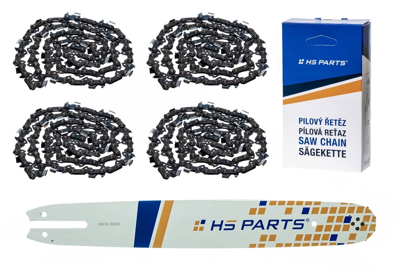 HS PARTS vodící lišta 16" (40 cm) 3/8" .050" (1,3 mm) + 4 x pilový řetěz 55 článků hranatý zub pro Stihl 009 010 011 017 018 019 020 021 023 025 MS160 MS170 MS171 MS180 MS181 MS192 MS210 MS211 MS250 MS231 MS241 MS251