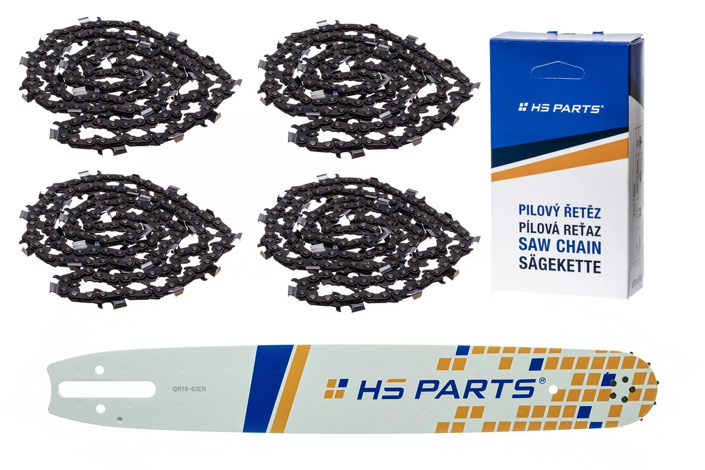 HS PARTS vodící lišta 16" (40 cm) 3/8" .063" (1,6 mm) + 4 x pilový řetěz 60 článků hranatý zub pro Stihl 036 038 044 066 MS290 MS310 MS390 MS440 MS441 MS460 MS640 MS650 MS660