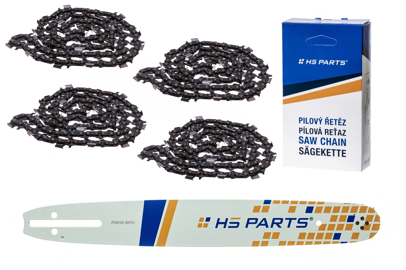 HS PARTS vodící lišta 15" (38 cm) .325" .050" (1,3 mm) + 4 x pilový řetěz 64 článků hranatý zub pro Husqvarna 36 45 55 136 154 254 257 262 345 346 357 435 445 460 Jonsered 2054 2152 2155 CS2149W Dolmar 111 112 116 Oleomac 947 952 962