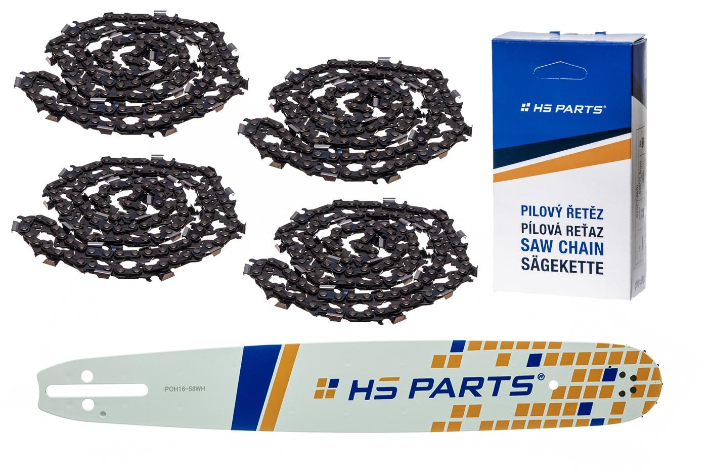 HS PARTS vodící lišta 16" (40 cm) .325" .058" (1,5 mm) + 4 x pilový řetěz 66 článků hranatý zub pro Husqvarna 36 45 55 136 154 254 257 262 345 346 357 435 445 460 Jonsered 2054 2152 2155 CS2149W Dolmar 111 112 116 Oleomac 947 952 962