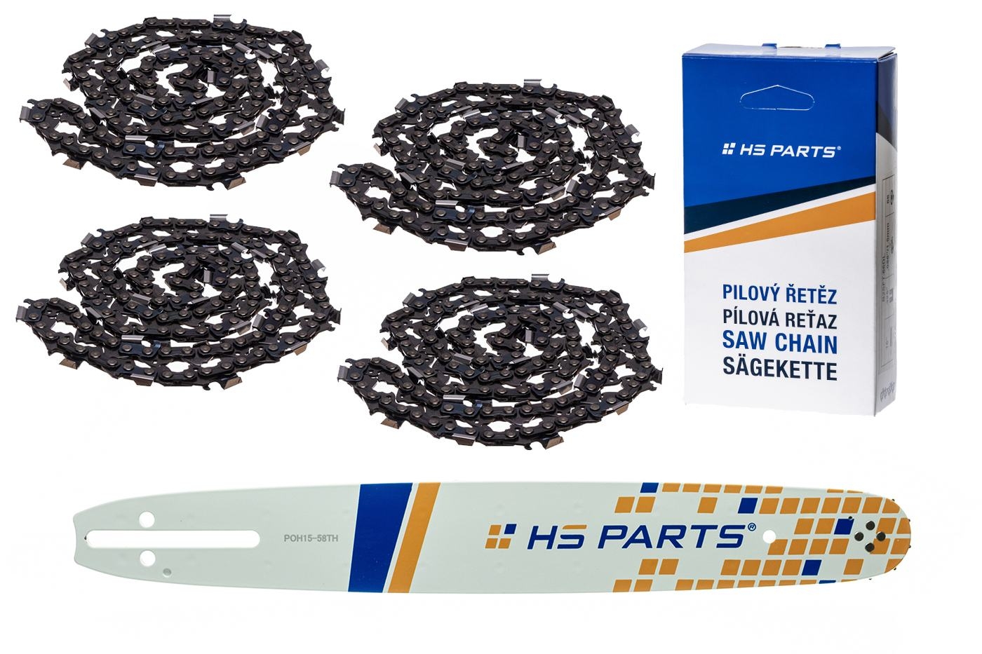 HS PARTS vodící lišta 15" (38 cm) .325" .058" (1,5 mm) + 4 x pilový řetěz 64 článků hranatý zub pro Husqvarna 36 45 55 136 154 254 257 262 345 346 357 435 445 460 Jonsered 2054 2152 2155 CS2149W Dolmar 111 112 116 Oleomac 947 952 962