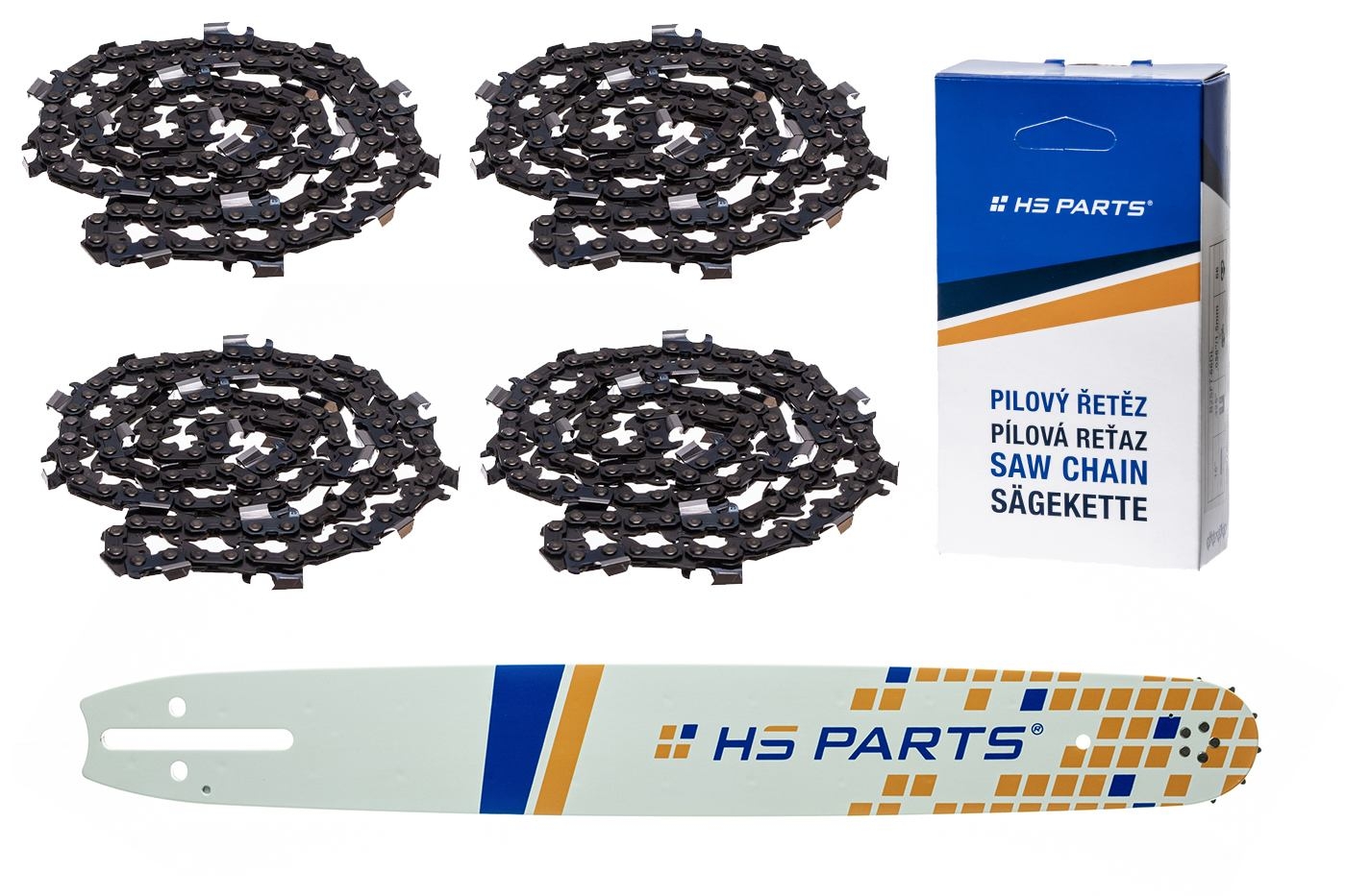 HS PARTS vodící lišta 20" (50 cm) 3/8" .058" (1,5 mm) + 4 x pilový řetěz 72 článků hranatý zub pro Husqvarna 61 66 266 268 272 365 372XP 281 298 380 385 585 Solo 665 670 681 Jonsered 2077 2171 Dolmar PS6400 Shindaiwa 285 577 Makita DCS6400