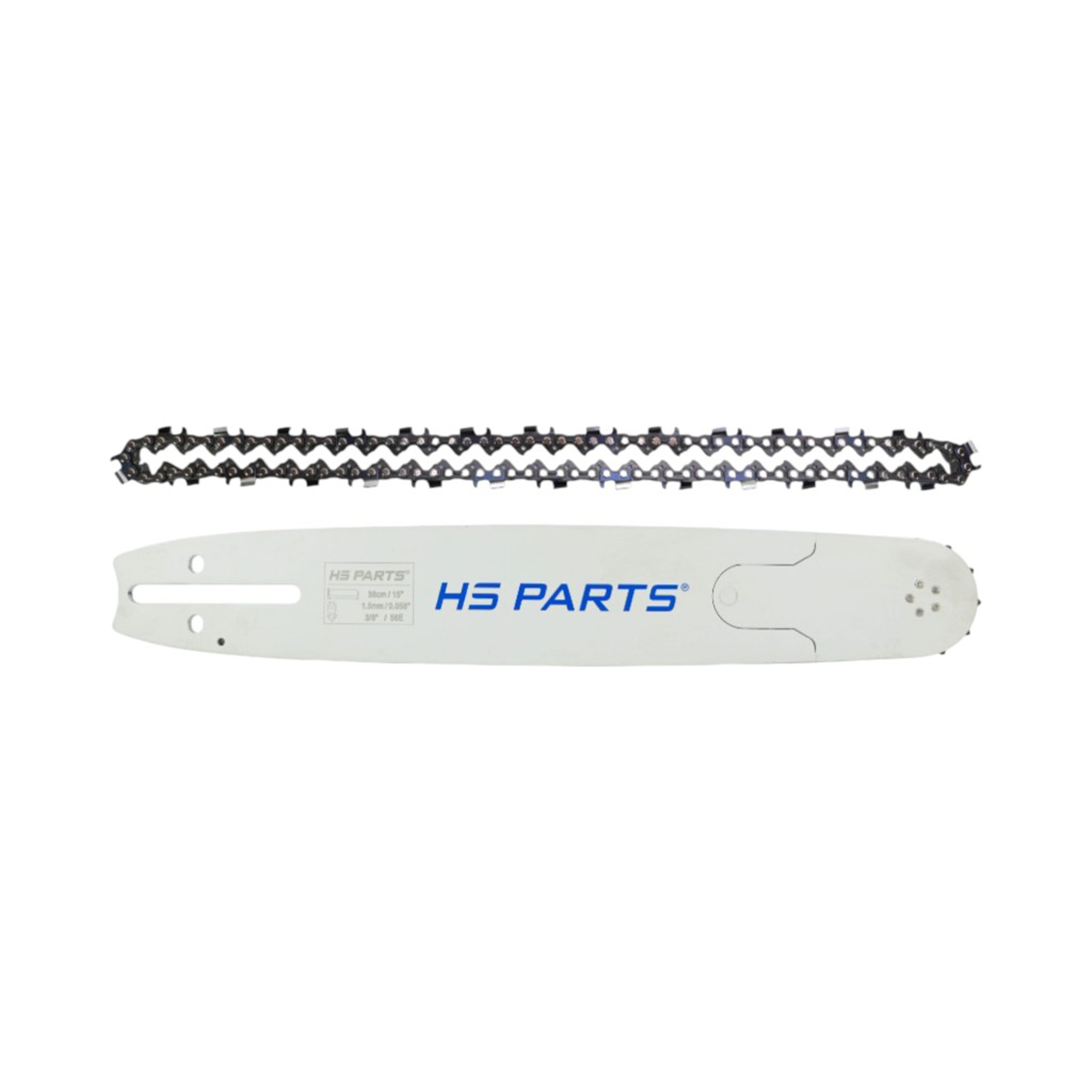 HS PARTS profesionální vodící lišta 15" (38 cm) 3/8" .058" (1,5 mm) + pilový řetěz 56 článků hranatý zub pro Husqvarna 61 66 266 268 272 365 372XP 380 585 Solo 665 681 Jonsered 2077 2171 Dolmar PS6400 Makita DCS6400