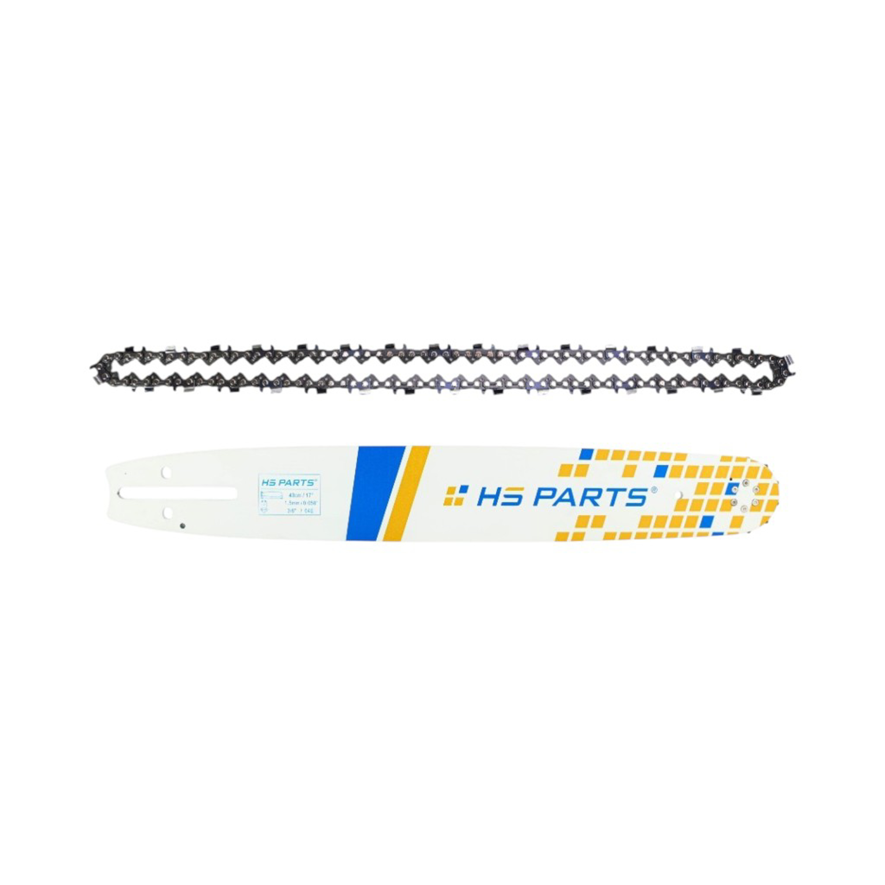 HS PARTS vodící lišta 17" (43 cm) 3/8" .058" (1,5 mm) + pilový řetěz 64 článků hranatý zub pro Husqvarna 61 66 266 268 272 365 372XP 380 585 Solo 665 681 Jonsered 2077 2171 Dolmar PS6400 Makita DCS6400