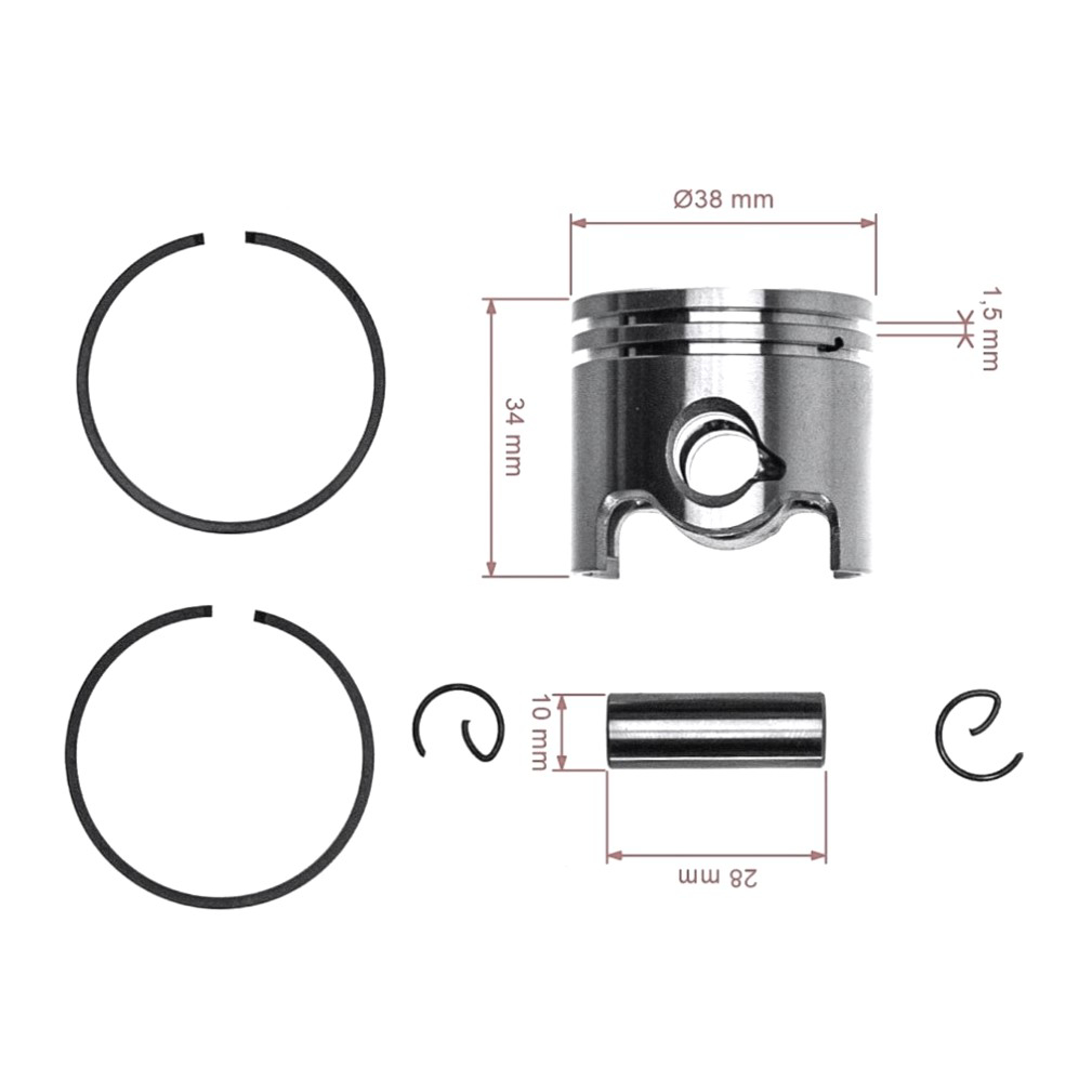 HS PARTS kompletní píst pro křovinořezy Stihl FR350 FS300 SP200 FS200 FS200R FS250 FS250R 38 mm (OEM 41340302010)