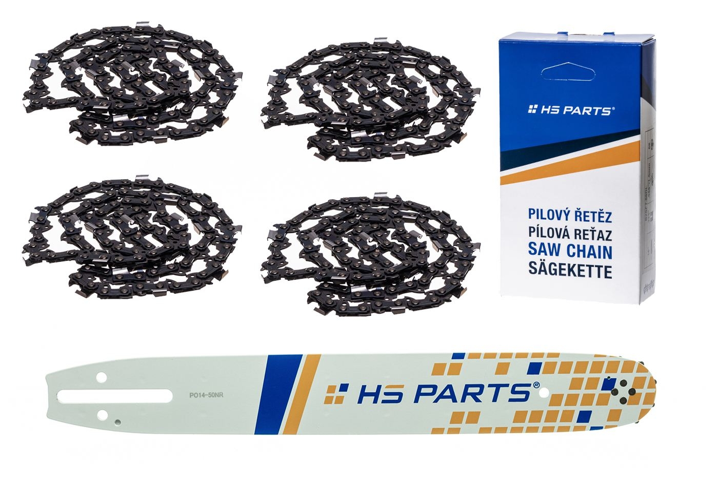 HS PARTS vodící lišta 14" (35 cm) 3/8" .050" (1,3 mm) + 4 x pilový řetěz 52 článků hranatý zub pro Husqvarna 136 137 140 235 236 240 Jonsered CS2135 CS2234 Partner 350 351 352 Dolmar 100 106 ES140 Makita DCS4301 UC3030A UC3500