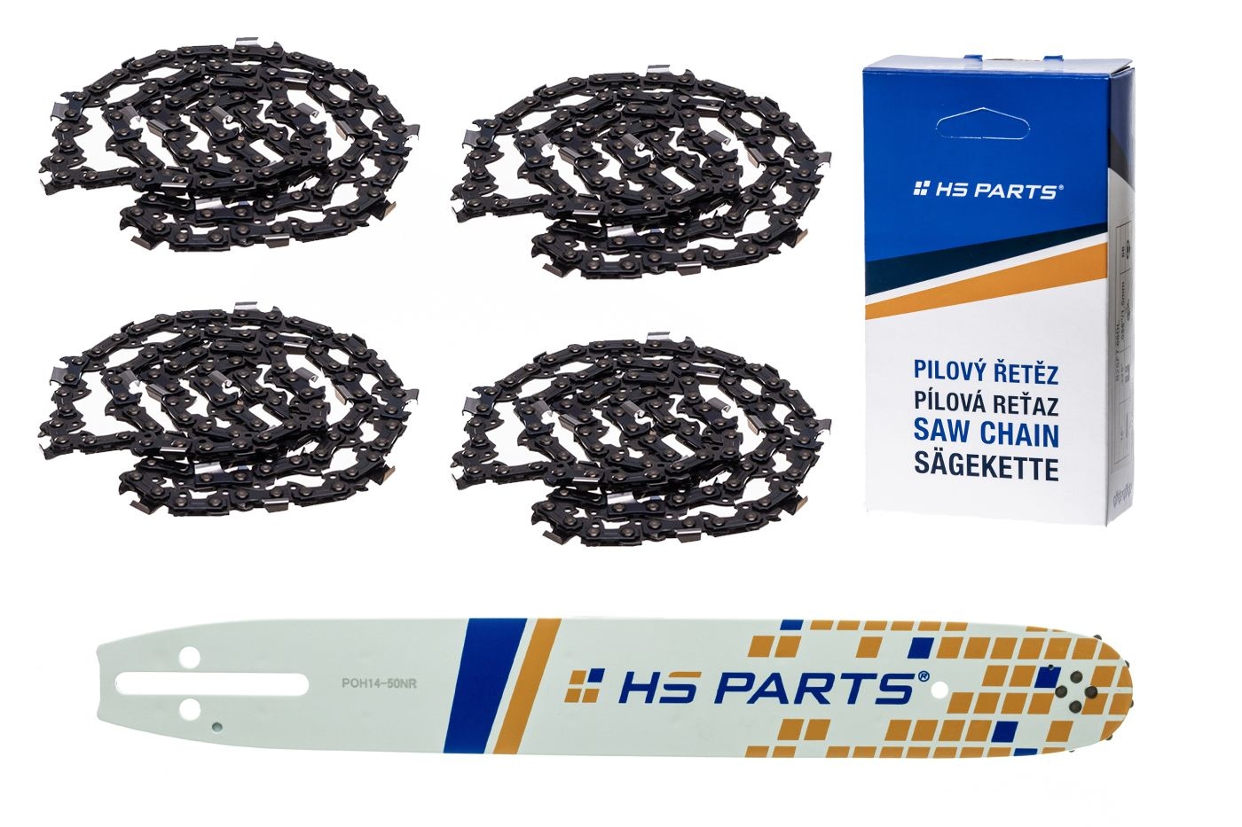 HS PARTS vodící lišta 14" (35 cm) 3/8" .050" (1,3 mm) + 4 x pilový řetěz 52 článků hranatý zub pro Husqvarna 120 135 140 240 334T 335XPT 338XPT T540XP Jonsered 2035 2036 CS2135 CS2139T Solo 614 630 633 635 637 McCulloch MS1636