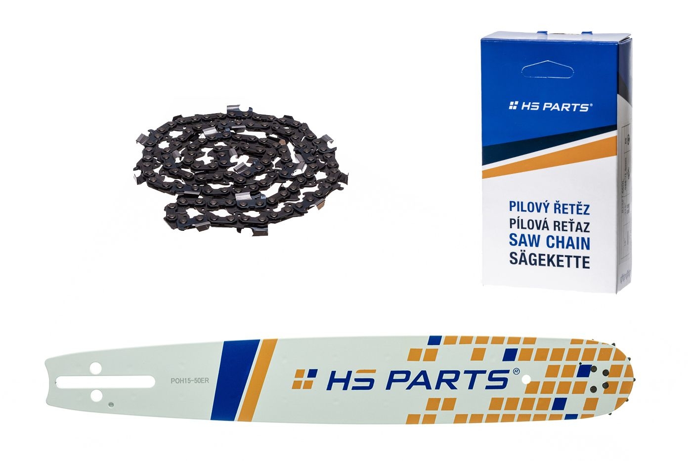 HS PARTS vodící lišta 15" (38 cm) 3/8" .058" (1,5 mm) + pilový řetěz 56 článků hranatý zub pro Husqvarna 246 254 262 345 357 455 460 555 560 Jonsered 2054 CS2260 Dolmar 111 112 115 PS540 Solo 613 614 650 Oleomac 162 956 962
