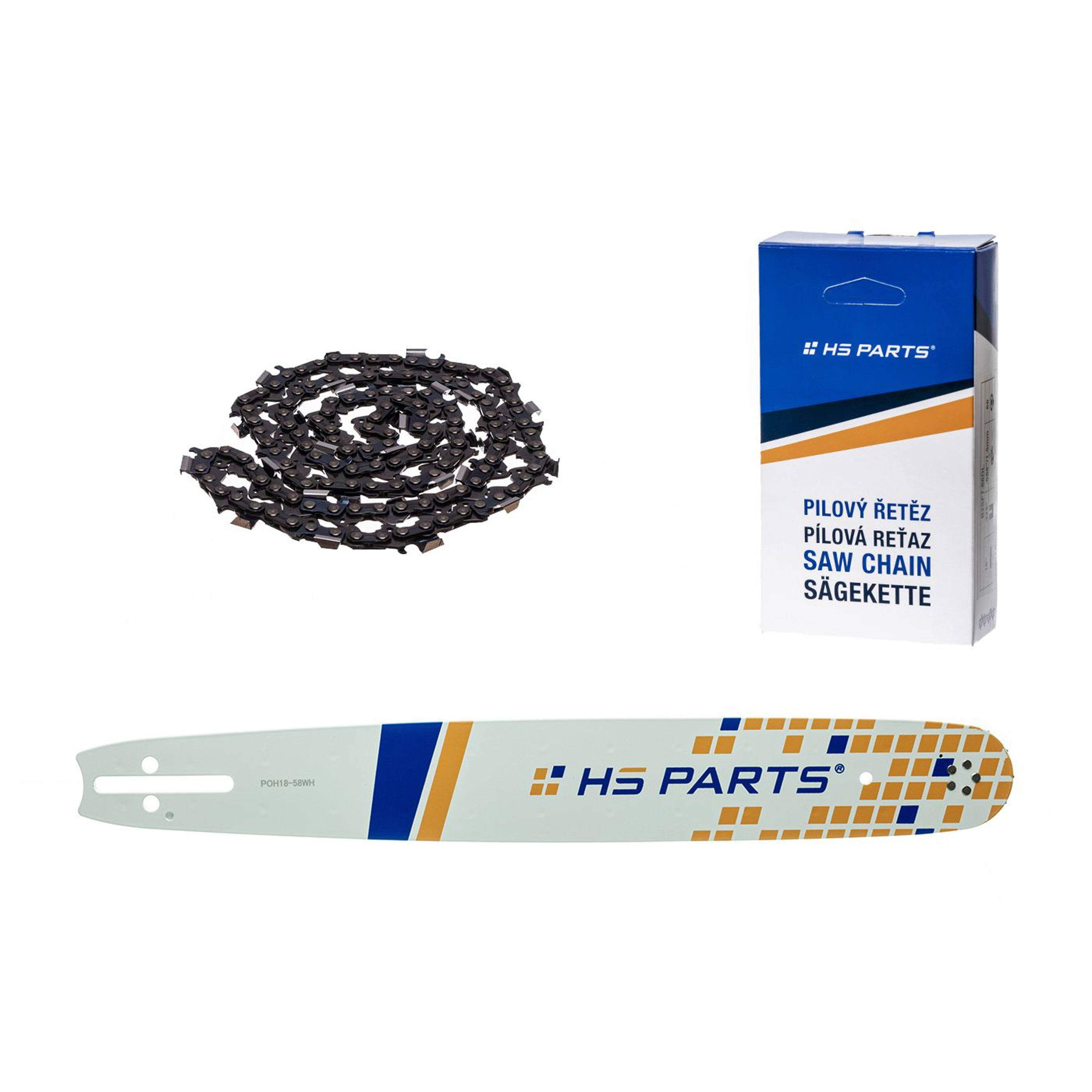 HS PARTS vodící lišta 18" (45 cm) .325" .058" (1,5 mm) + pilový řetěz 72 článků hranatý zub pro Husqvarna 36 45 55 136 154 254 257 262 345 346 357 435 445 460 Jonsered 2054 2152 2155 CS2149W Dolmar 111 112 116 Oleomac 947 952 962 Solo 639