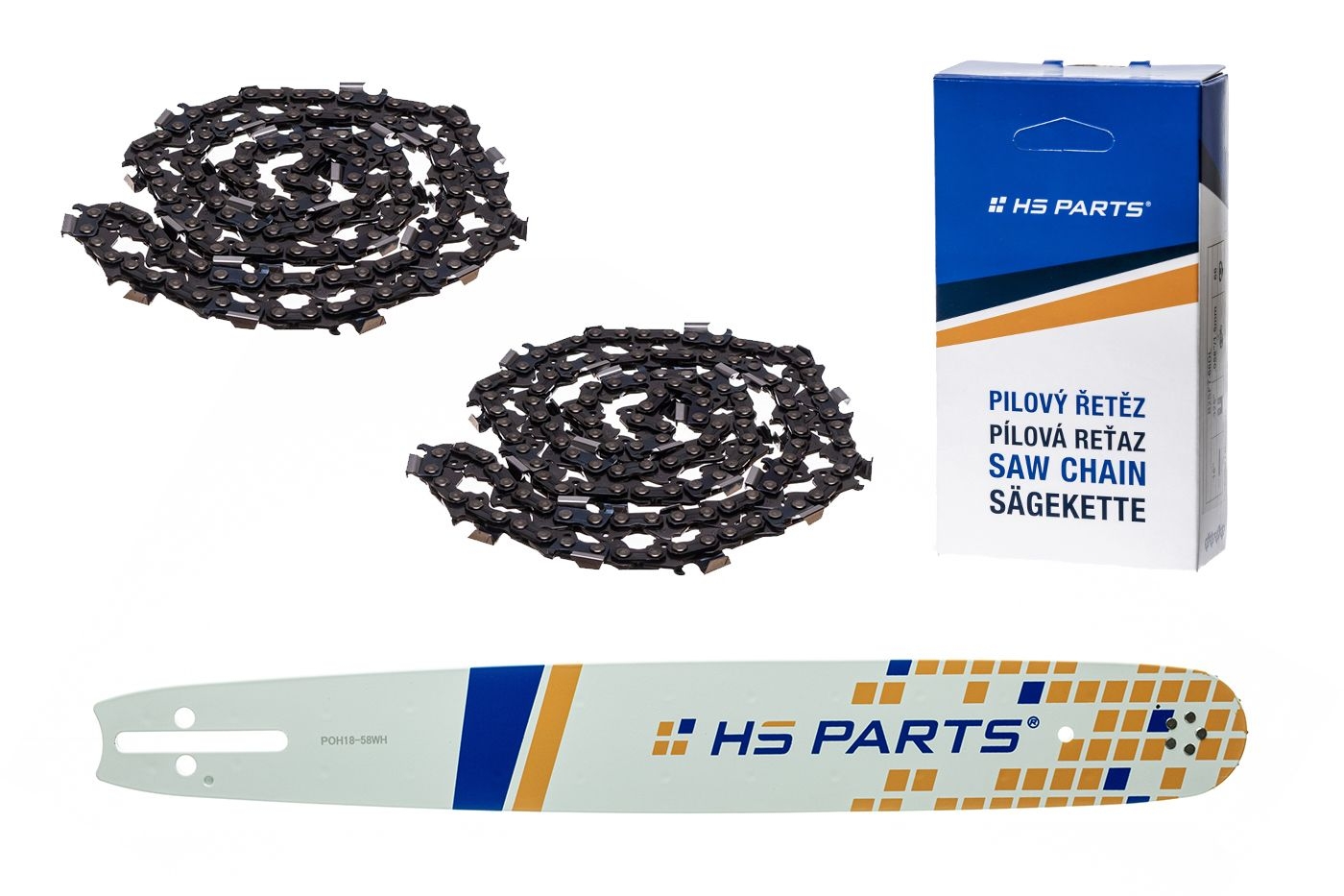 HS PARTS vodící lišta 18" (45 cm) .325" .058" (1,5 mm) + 2 x pilový řetěz 72 článků hranatý zub pro Husqvarna 36 45 55 136 154 254 257 262 345 346 357 435 445 460 Jonsered 2054 2152 2155 CS2149W Dolmar 109 111 112 116 Oleomac 947 952 962