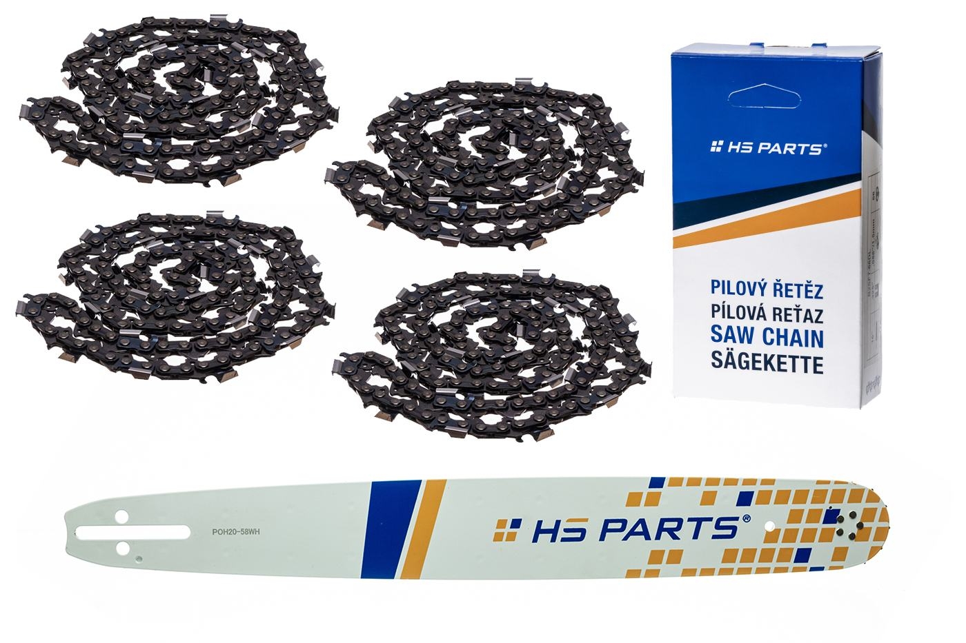 HS PARTS vodící lišta 20" (50 cm) .325" .058" (1,5 mm) + 4 x pilový řetěz 76 článků hranatý zub pro Husqvarna 36 45 55 136 154 254 257 262 345 346 357 435 445 460 Jonsered 2054 2152 2155 CS2149W Dolmar 111 112 116 Oleomac 947 952 962