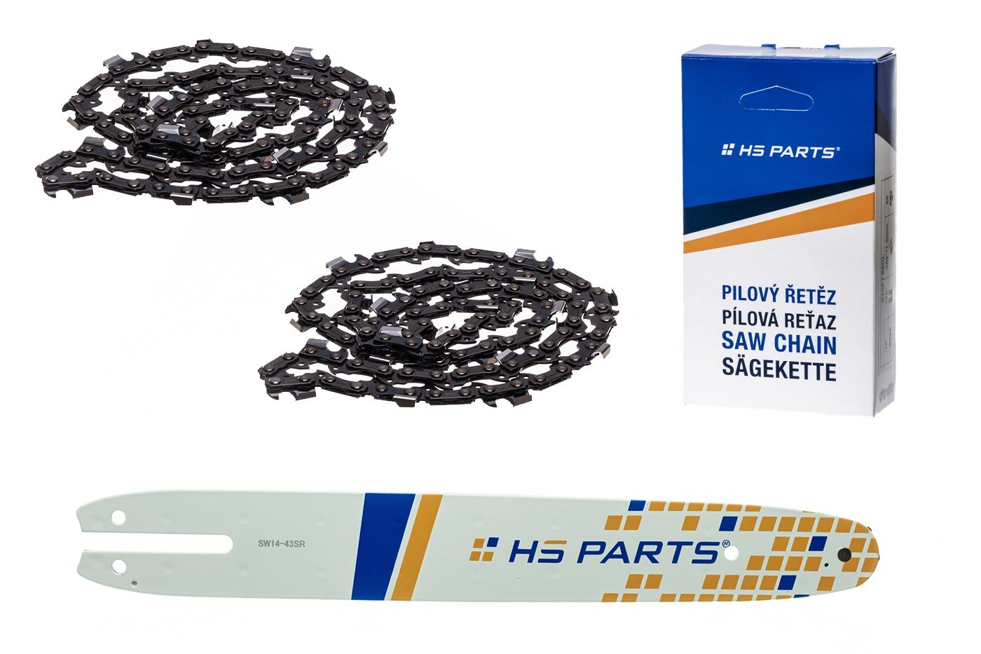 HS PARTS vodící lišta 14" (35 cm) 3/8" .043" (1,1 mm) + 2 x pilový řetěz 50 článků pro Stihl MSE140 017 018 MS170 MS180 019T HT70 HT101 MS190 E140 MS171 MSA200C