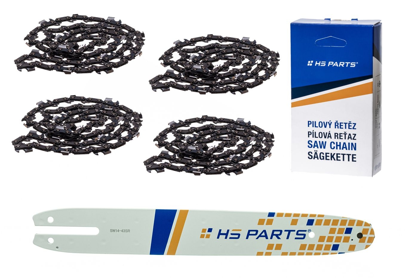 HS PARTS vodící lišta 14" (35 cm) 3/8" .043" (1,1 mm) + 4 x pilový řetěz 50 článků pro Stihl MSE140 017 018 MS170 MS180 019T HT70 HT101 MS190 E140 MS171 MSA200C